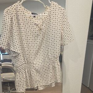 AUW Cream Blouse with Black Microprint and Peplum Waist